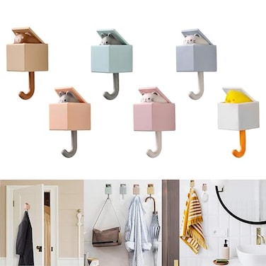 FUZSKWID 6Pcs Cute Creative Cat Coat Hook for Wall and DoorMax Load 10LBUtility Heavy Duty Adhesive Wall Hook Mount for Coat TowelScarf Hat RobesKey and Other ItemsKawaii Room Decorative Hooks