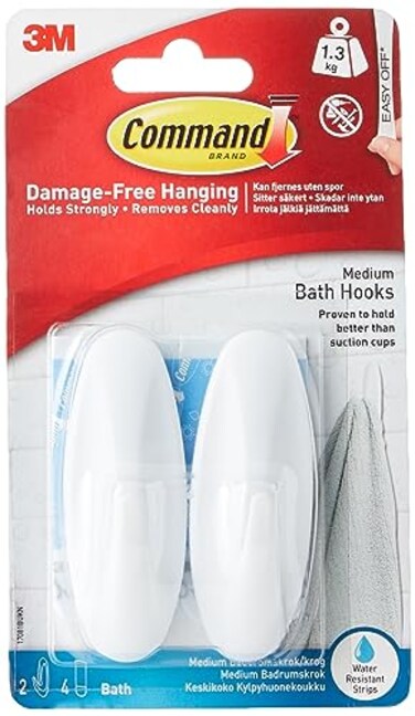 Command Designer Bath Hooks Medium White 2Hooks with WaterResistant Strips 17081BES Organize Your Dorm