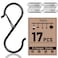 FSAH 17 Pcs S Hooks for Hanging Safety Buckle 35 Inch Stainless Steel S Shaped Locking Hooks for Colleague Dorm Kitchen Plants Pots Towels Bags Black