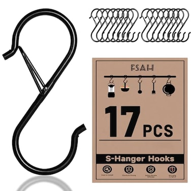 FSAH 17 Pcs S Hooks for Hanging Safety Buckle 35 Inch Stainless Steel S Shaped Locking Hooks for Colleague Dorm Kitchen Plants Pots Towels Bags Black