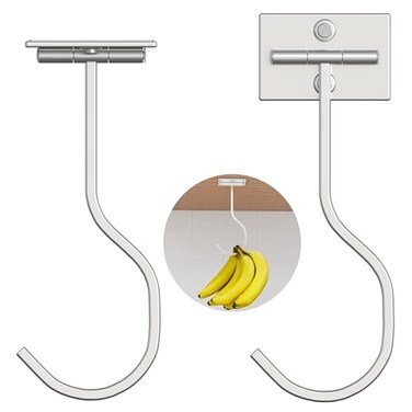 bussdis 2Pack Self Adhesive Banana Hook Metal Banana Hanger HookUnder Cabinet Hook For Bananas Or Kitchen Items Foldable Banana Hook Folds Up With Magnets When Not In Use Keep Bananas Fresh Silver