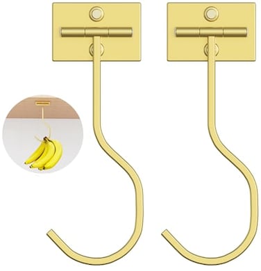 bussdis Adhesive Banana Hook Under Cabinet 2Pack Foldable Metal Banana Hanger SpaceSaving Under Counter Banana Holder for Kitchen RV Gold