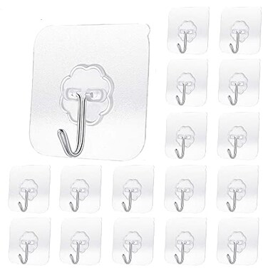 Alayaglory 20 Pack Transparent Adhesive Hooks 30 lbMax Waterproof and Oilproof Reusable Seamless Hooks Heavy Duty Wall Hook for Kitchen Bathroom Office