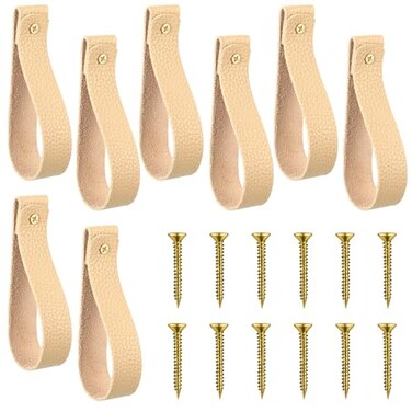 Bucherry 8 Pcs Leather Wall Hooks with Screws Curtain Rod Wall Hanging Straps Towel Holder Hanger Handle Loop for Boho Cabinet Handle Bathroom Kitchen Bedroom Storage SuppliesApricot