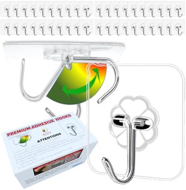 QUALIALL 40pcs Heavy Duty Adhesive Hooks for DamageFree Hanging Transparent Plastic Hangers for Ceilings and Walls
