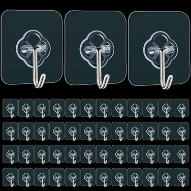 DKHDBD Adhesive Wall Hooks for Hanging 50 Pack Heavy Duty Stainless Self Sticky Hooks Waterproof and Rustproof Clear Self Adhesive Utility Hooks for Bathroom Kitchen Office Outdoor Inside Wardrobe Tow