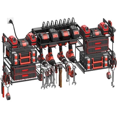CCCEI Black Power Tool Organizer Wall Mount Large Tools and Battery Storage Rack Charging Station Individual Switches Drills Holder Garage Utility Shelves with 6FT Power Strip Gift for Men