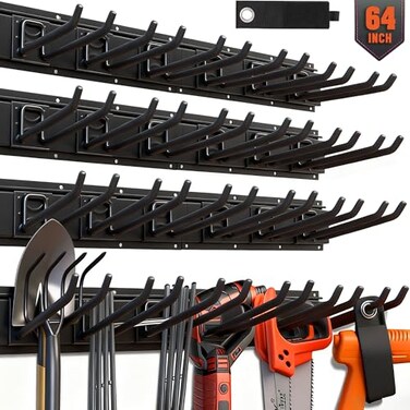 HORUSDY 64Inch Heavy Duty Garage Organization Rack 14 Packs Max Load 600LB 4 Packs Rails and 9 Adjustable Hooks Tool Organizer Rack with Heavy Double Hooks Tracks