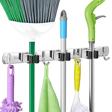 IMILLET Broom and Mop Holder Wall Mounted Stainless Steel Broom Holder Mop Holder Self Adhesive Heavy Duty Hooks Storage Organizer for Home Laundry Room Garden Garage3 Racks with 4 Hooks