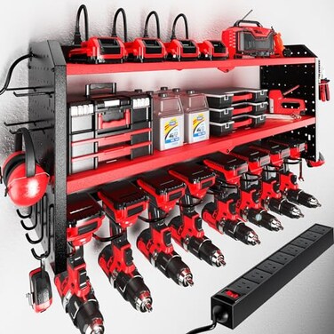 KAFAHOM Power Tool Organizer with Charging Station Built in 8 Outlet Power Strip Large 8 Drill Holder Wall Mount Heavy Duty Metal Power Tool Storage Rack Tool Shelf for Garage Organization Red