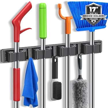 KQUQK Broom Holder Wall Mount Mop and Broom Hanger Wall Mount for Organizing and Storing Items in Household Kitchens Gardens Laundries 4 Racks 3 Hooks Grey