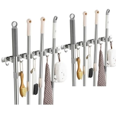 TOPSKINOY 2 Pack Wall Mount Stainless Steel Broom Hanger Heavy Duty Mop and Broom Holder Tool Racks Utility Hooks for Laundry Room Garden Garage Grey 4 Racks and 5 Hooks