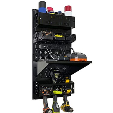 Wall Control Power Tool Storage Organizer Kit Cordless Drill Holder Charging Station Rack 16 x 32 Metal Pegboard Organization System Black Pegboard
