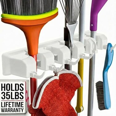 Berry Ave Broom Holder Wall Mount Mop and Broom Organizer Wall Mounted Broom Rack Mop Rack Rack for Brooms and Mops Broom Hanger Wall Mount with 5 Slots 6 Hooks Kitchen Garage Laundry Garden White