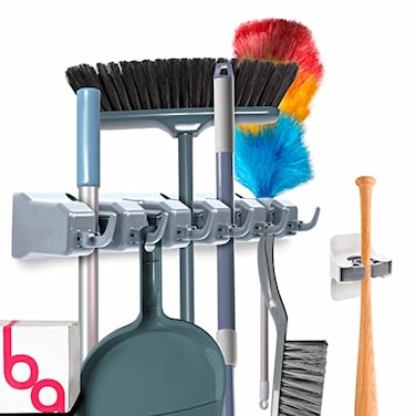 Berry Ave Combo 5 Slot Broom Holder w 1 Self Adhesive Mop Gripper NoDrilling Wall Mount Tool Organizers For Kitchen Garage Laundry Room AntiSlip Hanger For Brooms Mops Rakes Dustpans Grey White