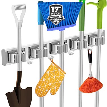 reliahom Broom Holder Wall Mount 5 Racks with 4 Hooks Silver Mop Storage Tool Racks Broom Hanger Tool Organizer for Garage Kitchen Garden Laundry Room