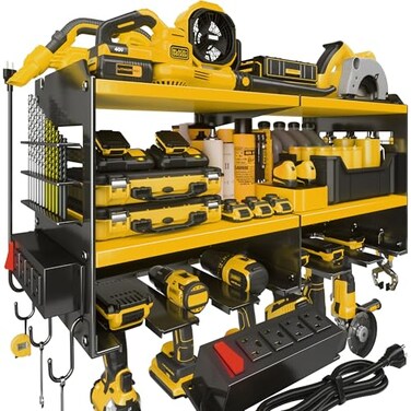 Spampur Large Power Tool Organizer Wall Mount with Charging Station 3 Layer Heavy Duty Metal Tool Storage Rack Loads 420lbs with 6 Cordless Drill Holder Utility Rack Loads with 4 Power Strip