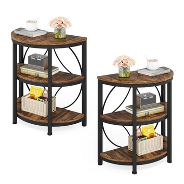 Tribesigns Half Round End Table Set of 2 3Tier Half Circle Side Table with Metal Frame Industrial Half Moon Table Half Coffee Accent Table Bedside Table for Living Room Bedroom Brown