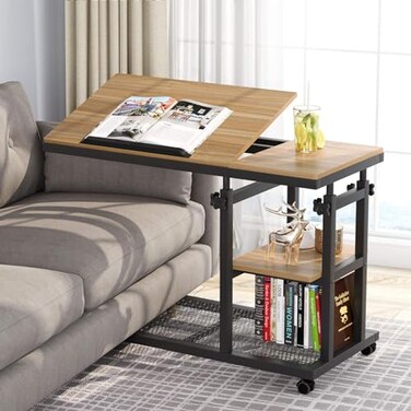 Tribesigns Height Adjustable C Table with Wheels Mobile Couch Snack Side Table with Tiltable Drawing Board Sofa Bedside Laptop Stand C Shaped TV Tray with Storage Shelves BlackOak