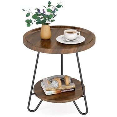 Tribesigns Round Side Table 2Tier End Table with Metal Legs Modern Industrial Beside Table Small Accent Table Snack Table for Living Room Bedroom Small Space Easy Assembly Brown