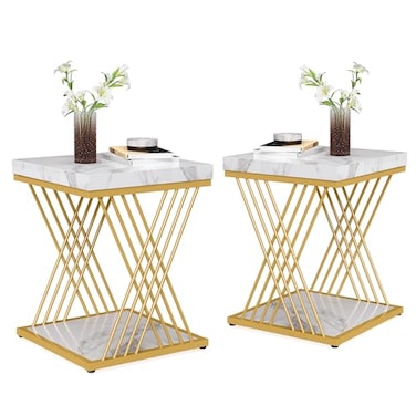 Tribesigns Square End Table White Gold 2Tier Side Table Modern Small Bedside Tables with Storage for Couch Sofa Side Tables with Stylish Metal Frame for Living Room 2 Faux Marble WhiteGold