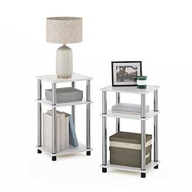 Furinno JUST Side Table Set of 2 3Tier Modern End Tables Toolless Assembly Night Stand Nightstand Toolless Assembly for Living Room Bedroom White OakStainless Steel