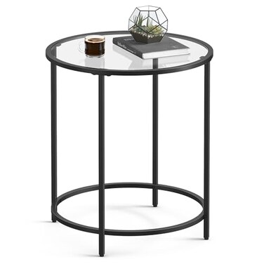 VASAGLE Round Side Table Glass End Table with Metal Frame Black Coffee Table with Modern Style for Living Room Balcony Bedroom Black