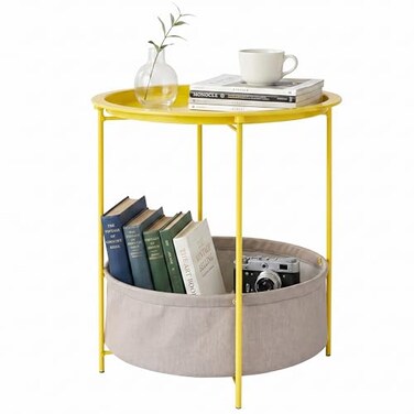 VECELO Round SideEnd Table with Fabric Storage BasketMetal AntiRust and Waterproof Small Bedside Nightstand with Removable Tray Top for Living RoomBalcony LaundryYellow 1pcs with Basket