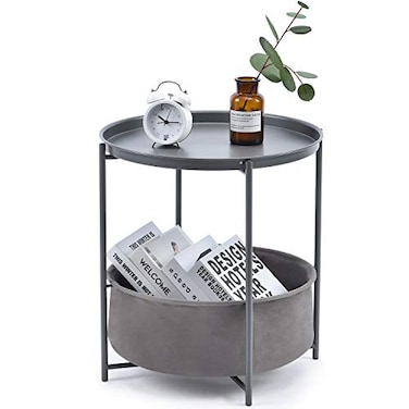 TOOLF End Table Metal Nightstand Coffee Round Table Sofa Side Snack Table with Detachable Tray Top and Fabric Storage Basket Scandi Style Table for Living Room Bedroom Dark Grey
