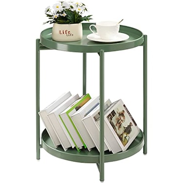 TeoKJ 2 Tier Green Side Table Folding Round Metal End Table Small Nightstand with Two Removable Tray for Bedroom Living Room Bedside Small Spaces Dark Green