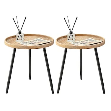 LITA 2 Pcs Round Side End Table Nightstand Tables Log Desktop Wooden Tray Table with Black Metal Stand End Table for Living Room Bedroom Office Small Spaces M