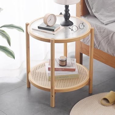 Tiita Rattan Coffee Table Round End Table 197Inch Modern Side Table Small Bamboo Living Room Side Table Glass Sofa End Table for Balcony and Office OutdoorIndoor Wood