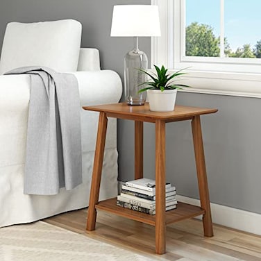 Plank+Beam PlankBeam Wooden Side Table with Storage Mid Century Modern End Tables for Living Room Small Solid Wood Nightstand Bedside Tables Bedroom Furniture Pecan