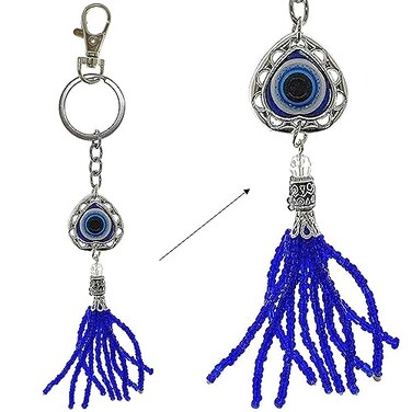 LUCKBOOSTIUM Bravo Team Heart Evil Eye Keychain Ring wClasp Lock Blue Bead Tassel Protection Blessing Home Keys Purse Bags Decorative Things Accessories Car Rear View Mirror Ornaments