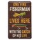 Open Road Fisherman With the Catch of His Life Embossed Metal Sign Funny Fishing Wall Art for Garage Lake House or Man Cave