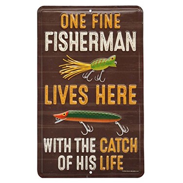 Open Road Fisherman With the Catch of His Life Embossed Metal Sign Funny Fishing Wall Art for Garage Lake House or Man Cave