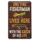 Open Road Fisherman With the Catch of His Life Embossed Metal Sign Funny Fishing Wall Art for Garage Lake House or Man Cave