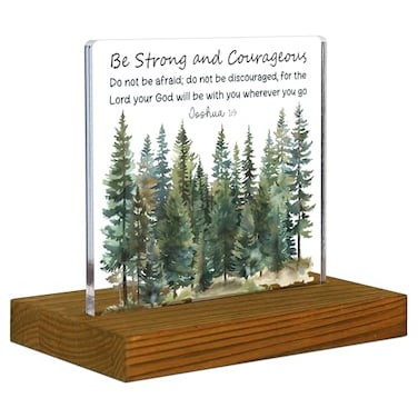 FTONENI Be Strong and Courageous Sign Joshua 19 Bible Verse Sign Scripture Plaque Boys Room Sign Acrylic Desk Decor Sign with Wood Stand FSA057