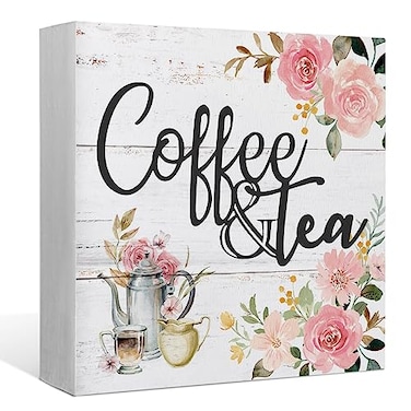 EIONEY Coffee and Tea Pink Floral Wood Box Sign Desk DecorRustic Wooden Block Sign Decorations for Home Kitchen Office Coffee and Tea Bar Wall Tabletop Shelf Decor