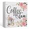 EIONEY Coffee and Tea Pink Floral Wood Box Sign Desk DecorRustic Wooden Block Sign Decorations for Home Kitchen Office Coffee and Tea Bar Wall Tabletop Shelf Decor