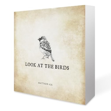 Summerjokes Inspirational Bible Verse Look at The Birds Wooden Box Sign Matthew 626 Scripture Desk Decor Rustic Scripture Wood Block Plaque Box Sign for Home Bedroom Office Shelf Table Decoration