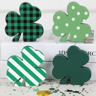 Jetec 4 Pcs St Patricks Day Wooden Shamrock Decoration St Patricks Day Tiered Tray Decor Green Clover Saint Patrick Days Table Centerpiece Gift for Home Office Decor 492 x 492 InchSimple Style