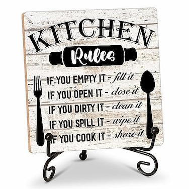 DETIHO Rustic Wood Plaque with Stand Kitchen Decor Kitchen Rules Wood Sign Idea Wooden Decor for Home Living Room Dining Room Shelf Table Decoration 31