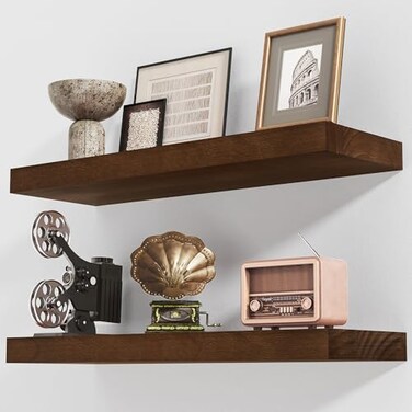 Axeman Floating Shelves 2 Pack 8 Inch Deep Rustic Solid Wood Wall Shelves for Storage Wall Mounted Display Shelving with Invisible HeavyDuty Metal Bracket 24 W x 8 D x 157 H Walnut Finish