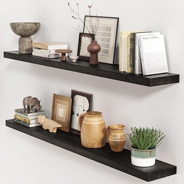 fuqing Black Floating Shelves 48 Inch Solid Wood Wall Mounted Shelves Set of 2 Extra Long Modern Floating Shelves for Wall Decor Storage Shelves for Bathroom Bedroom Kitchen Living Room Black