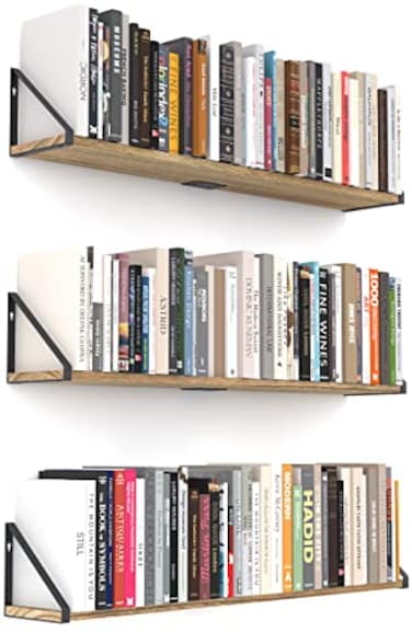 Greaittle 36 Inch Floating Book Shelves Set of 3 with Middle Brackets for Sturdiness Hanging Bookshelves for Wall Long Floating Shelves for Wall Storage 36 x 6 Brown