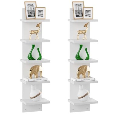 IBUYKE 5Tier Modern WallMounted Shelf White Vertical Shelf Floating Storage Organizer Tall Tower Design Decorative Wall Mount Shelving for Home Bedroom Living Room Office Decor WBC009W2