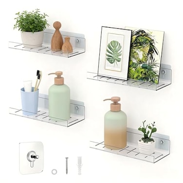 LAZYROSY 4 Pack Floating Shelves Clear AcrylicPET WallMounted No Drill Storage with Adhesive Invisible Bathroom Bedroom Shelving for Kitchen Living Room Transparent Decor