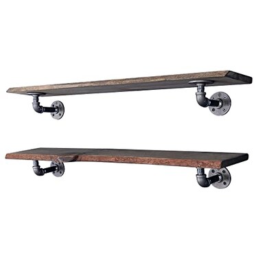 PIPE DECOR 36 Boulder Black Live Edge Wood Shelf with Industrial LShaped Pipe Brackets 2Pack