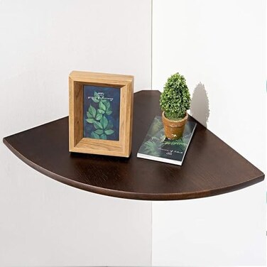 Conamily Corner Shelf16inch Walnut Solid Wood Floating Corner Shelves Wall Mount Round End Floating Speaker Rack with Wire Hole for Small Plant for Bedroom Kitchen Living Room